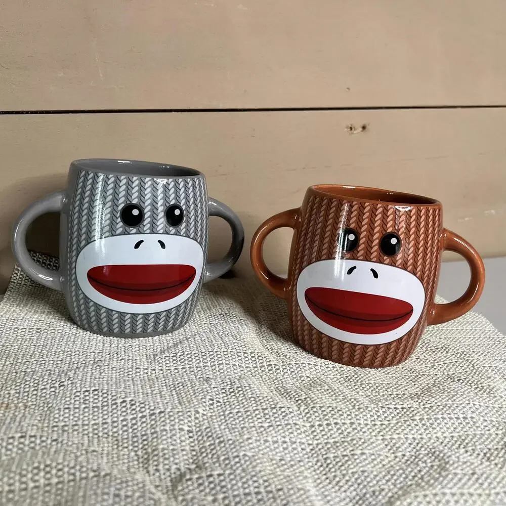 Galerie Sock Monkey Novelty Coffee Mugs Set 2 Brown Gray Ceramic Double Handle